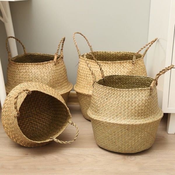 22 X 18 X 19 CM, Naturlig Sjögräs Magkorg Tvätkorg Stor Förvaring Inomhus Växtkorg C
