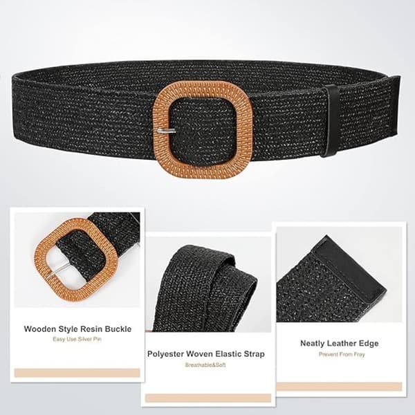 2 st halmflätade elastiska stretchbälten för kvinnor (vit och svart), bred boho flätad klänning