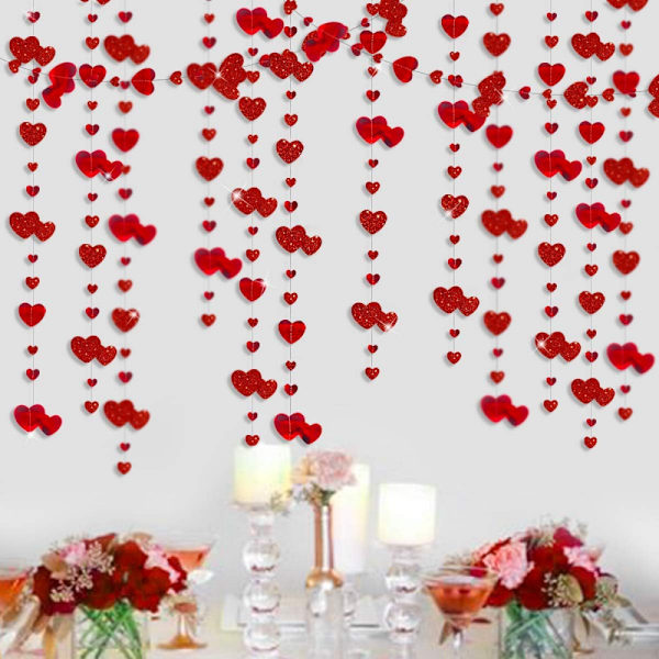 4 stk. 16 meter Dobbeltsidede Hjerteformede Metalbånd til Valentinsdag, Røde Hjerteformede Designs, Forlovelse