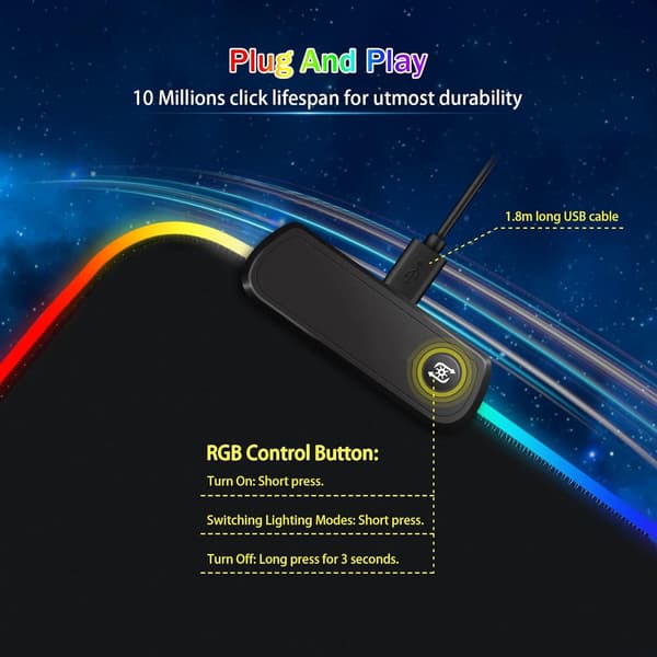 RGB XL Gaming Musematte, 800 x 300 mm, Stor med 14 Lysmoduser