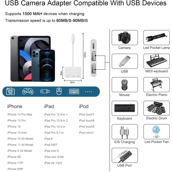iPhone USB-kameraadapter, 3 i 1 iPhone USB-adapter Lightning USB