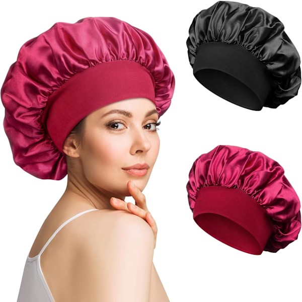 2 st Satin Bonnet Sidenmössa för Lockigt Hår, Hårinpackning i Siden för Sömn, Natthuva för Kvinnor