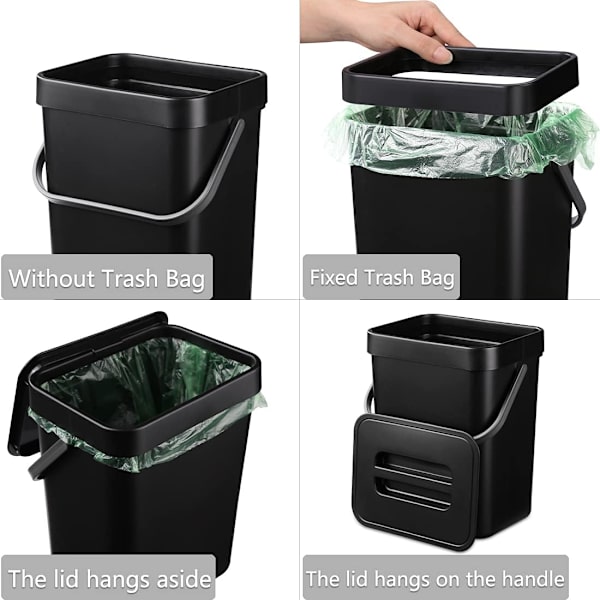 (Svart) Hängande liten soptunna med förseglad lock under diskho, 1,3 gallon monterbar kompostbehållare. Ingen O