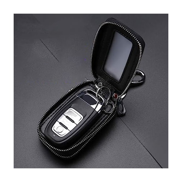 (Musta) Auton avaimen pidike - Kaksinkertainen vetoketjullinen nahkainen suojakotelo