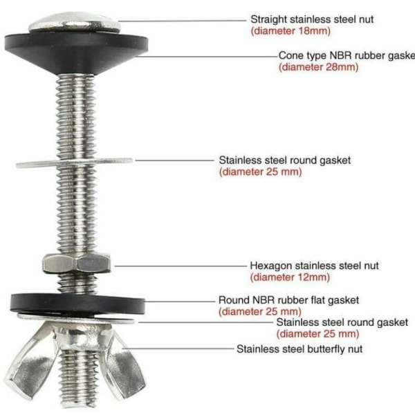 2-pakning toalettankbolter til bolle, universal rustfritt stål