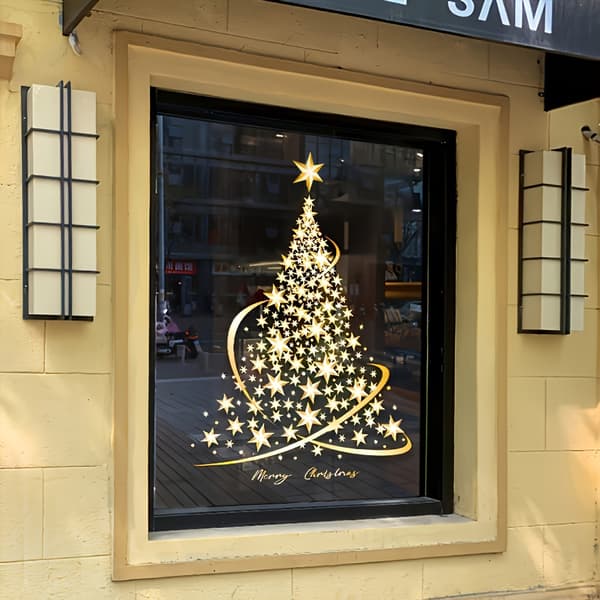Julgransglasdekal, statisk PVC-snöflingefönsterdekal, guld