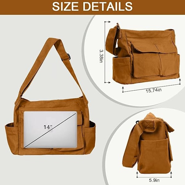 (Brun) 1 st canvas messenger bag stor enkel konst stil axelväska crossbody väska med flera