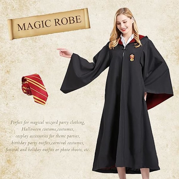 (L)Gryffindor trollkarl kappa Gryffindor uniform kappa, kappa och slips, trollkarl klänning för vuxen, Halloween Cosplay