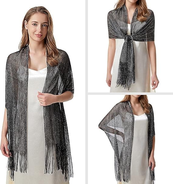Sort Dame Tassel Sjal til Aften, Fest, Bryllup med Trykknapper