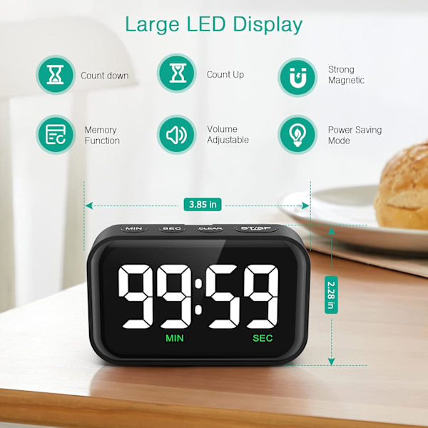 Svart digital kjøkkenklokke, 3,5\" stor LED digital nedtellingstimer, magnetisk kjøkkenklokke, 3 nivåer volum, høy alarm, minnefunksjon, egnet for hjem/arbeid/fitness
