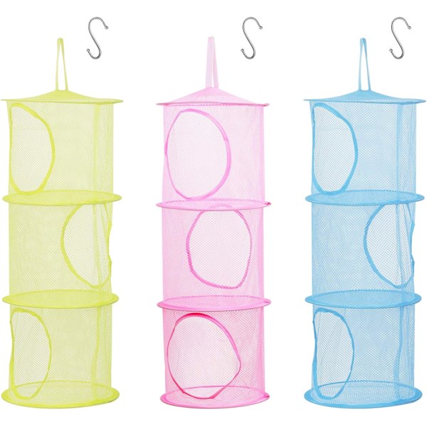 3 st Förvaringsnät för Barn (Rosa, Grön, Blå-75*27CM), Vikbar Meshkorg Hängande Leksaksförvaring med S-Krok för P