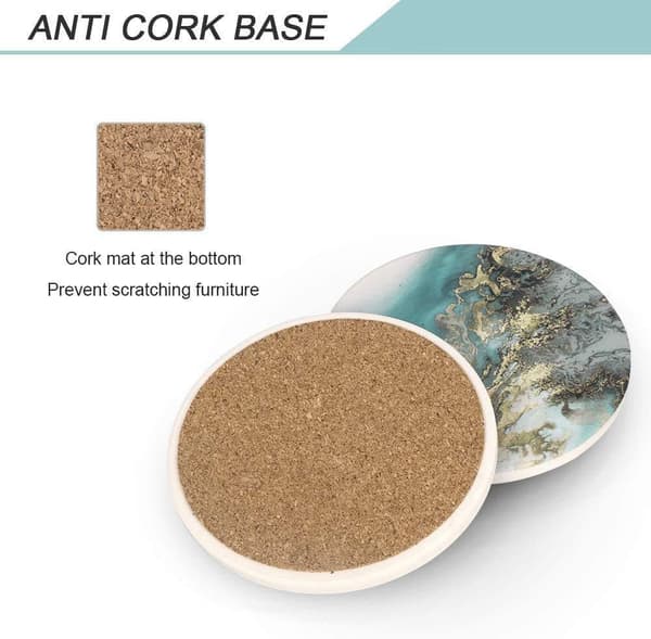 Sett med 4 runde absorberende steinkostere med korkbunn og C