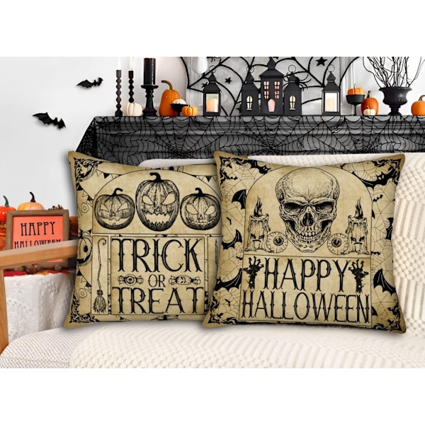 Sett med 4 18x18 tommer gammelt gulnende Halloween gresskar flaggermus edderkopp hodeskalle utendørs putetrekk putetrekk