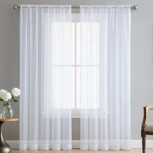 Sett med 2 enkle stanglommegardiner i voile - hvite, 54W x 7
