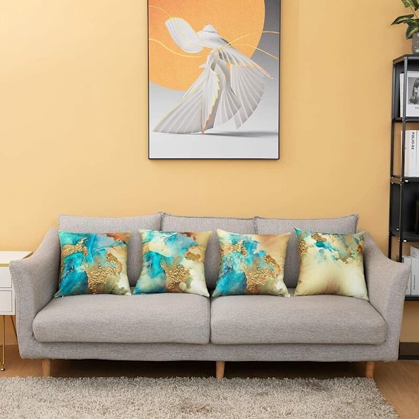 Sett med 4 Nordiske Abstrakte Teal og Gull Putetrekk Moderne Dekorative Putetrekk for Sofa 45x45cm