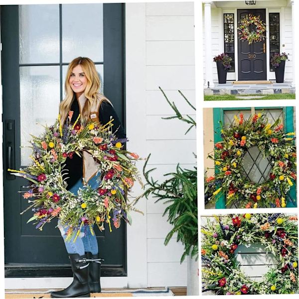 Blomsterkrans för ytterdörr vår sommar krans med små vilda blommor gröna blad dörrkrans fo