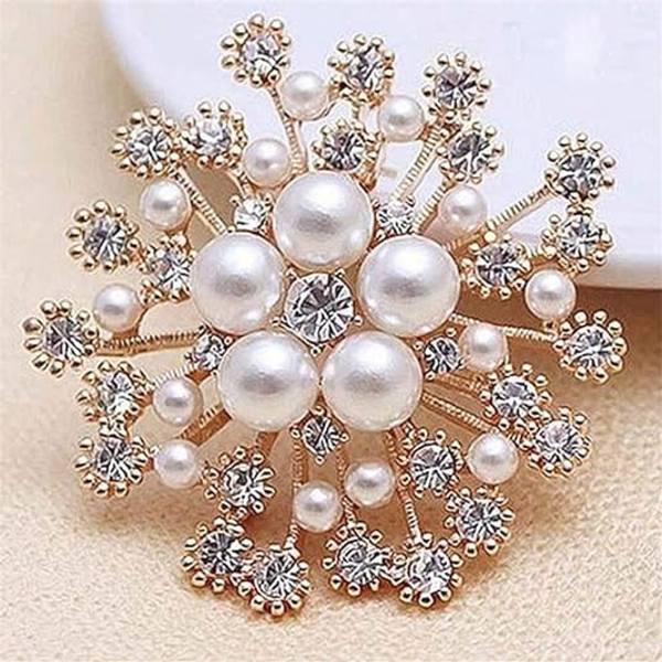 Imitation Pearl Crystal Snowflake Flower Design Brosch Pin Badge