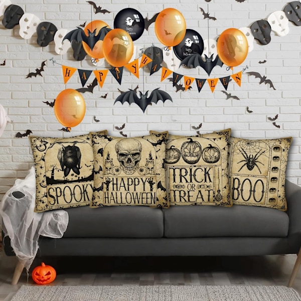 Sett med 4 18x18 tommer gammelt gulnende Halloween gresskar flaggermus edderkopp hodeskalle utendørs putetrekk putetrekk