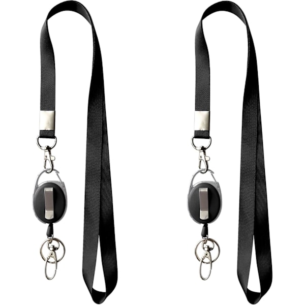 2 Lanyards + 2 Tilbagetrækkelige Badge Reels med Klips og Nøglering til ID-kortholdere (Sort)