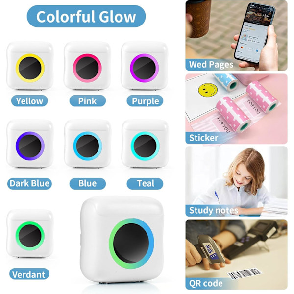 Mini Langaton Kuva-tulostin, Kannettava Lämpötulostin BT-tulostin, 7-värisellä LED-valolla C