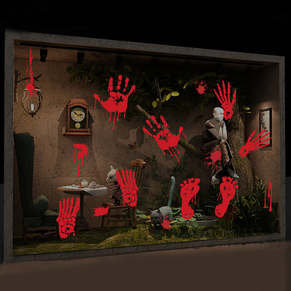 2 stk Halloween Blodige Hånd Vindueklistermærker - Blodige Designs Håndaftryk med Blodsprøjt