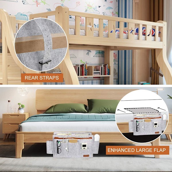 Filtet Sengebord Lomme til Seng Sofa, Hængende Sengebord Organizer, Opbevaringspose med Vandflaskeholder til Bøger, Tablet, Fjernbetjening S