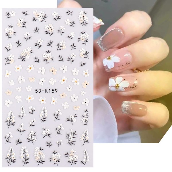 3-pack 5D Daisy Nagelstickers Präglade Sommarblommor Nagelkonst Dekaler Blommande Pastellblommor Självhäftande Nageldekor