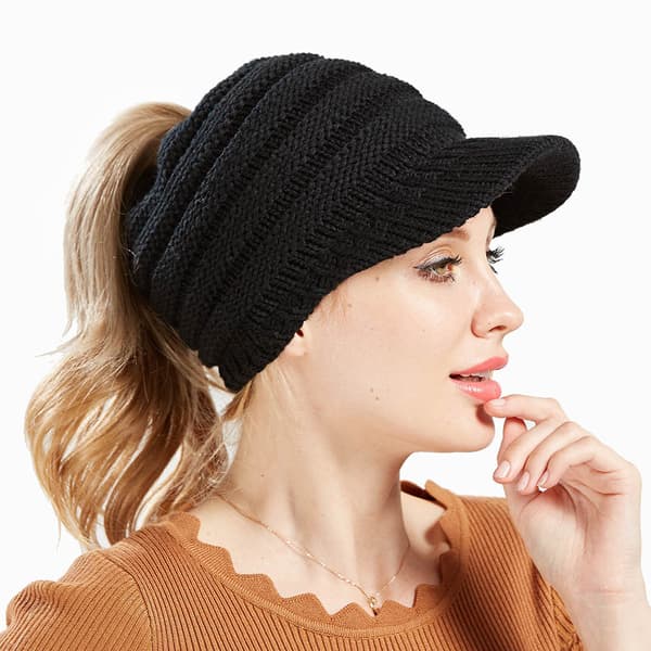Vintervarm Strikket Hestestjert Hat Solhat Beanie Baseball Cap til Kvinder Black