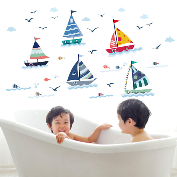 2 piece kids wall stickers (50x70 cm) I tile sticker boat fish sea ocean waterproof I wall sticker for kids room ba