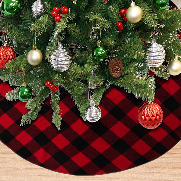 Baffalo Plaid Juletræsskørt (Rød og Sort) - 120cm/48inch - Sort og Rød Ternet Træskørt til Jul