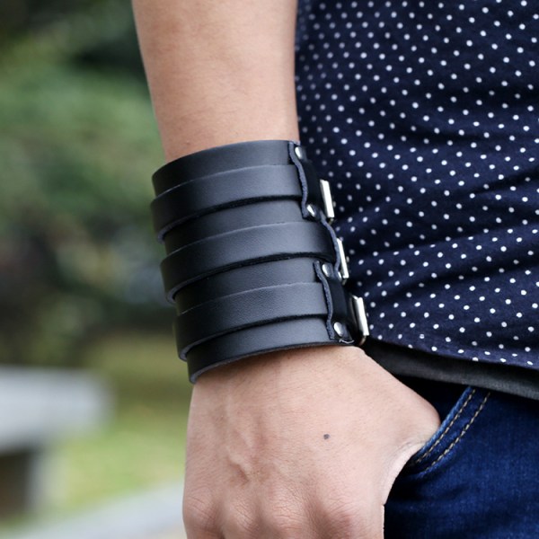 Herrar Läder Bred Trippel Rem Manschett Wrap Handskar Armband Spänne O