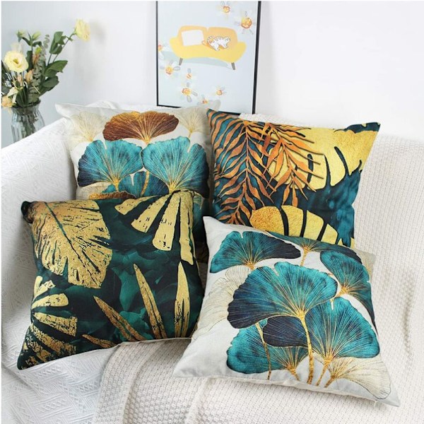Sett med 4 putetrekk 45x45cm Kvadratisk Grønn og Gull Blad Lin Sofa Putetrekk for Stue Sofa Pute