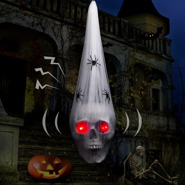 Halloween-pynt udendørs hængende 20" skræmmende kranium med røde LED-øjne, Ha