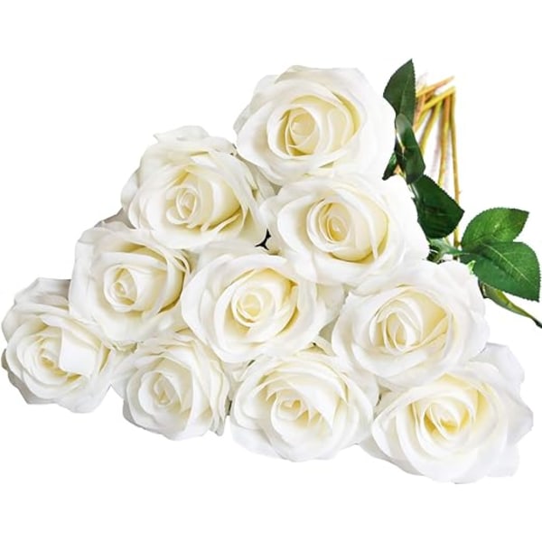 Hvide 10 stk. kunstsilke roser til bryllupsarrangement, fest