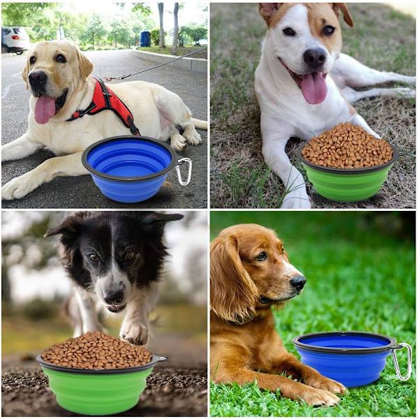 2 x 1000 ml hopfällbara hund- och kattskålar för resor - läckagesäkra, bärbara skålar för husdjur/utomhusbruk