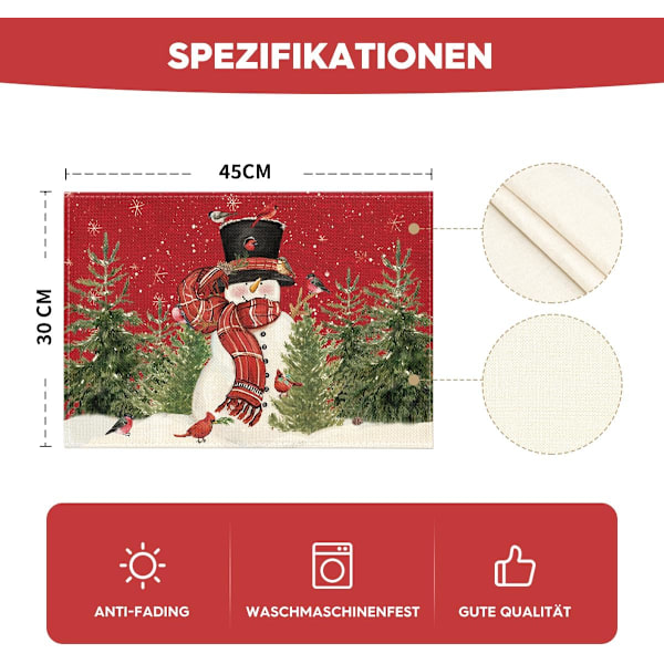Juleduge Sæt af 4, Snemand Rød Fyr Bånd Juledekoration Duge, Vaskbar til Køkken Spisebord