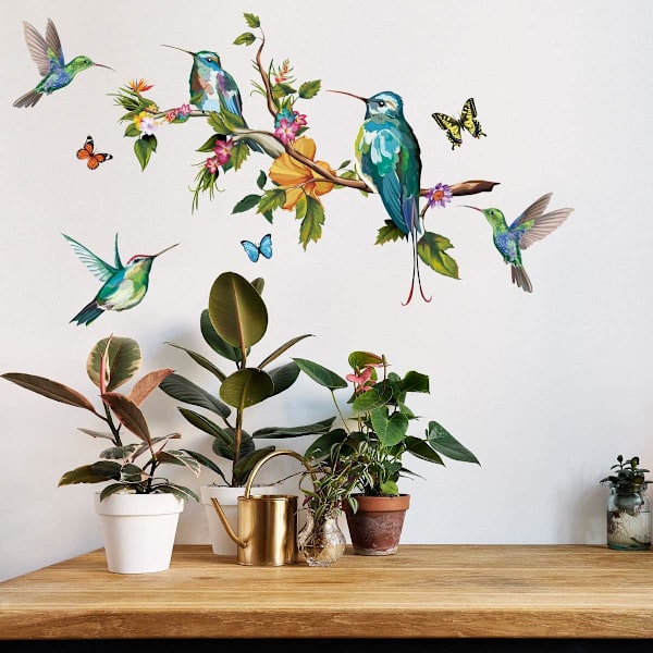 Blomster Vægstickers Kolibri Vægstickers, DIY Aftagelige Vandtætte Vinyl Stickers Farverige Fugle Vægsticker
