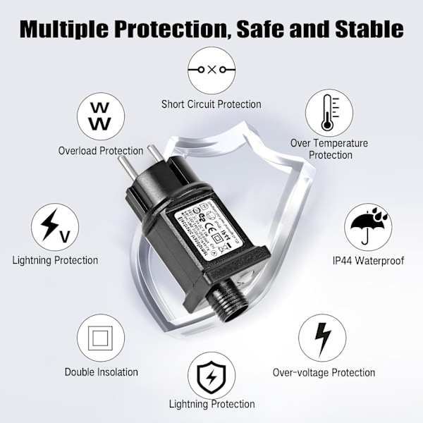 2-delt 31V 6W LED strømforsyningstransformator, IP44 lavspenningsblinkdriveradapter med 8 moduser, timer og M