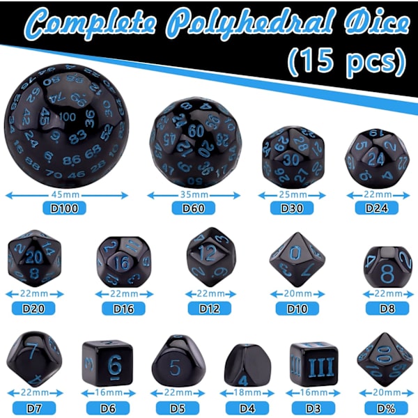 15 kpl Polyhedral-noppasetti, Musta ja Sininen, Polyhedral-noppasetti DND RPG:lle