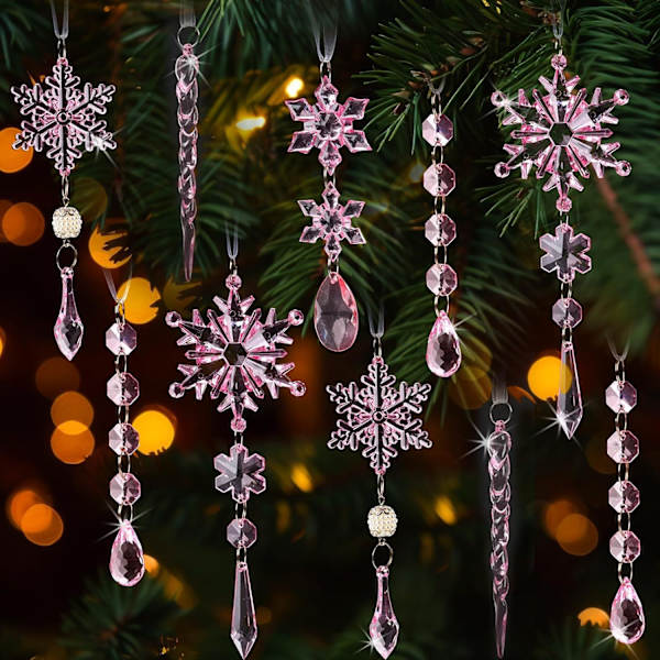 18 stycken hängande akryl kristall snöflinga iskristall prydnader, rosa