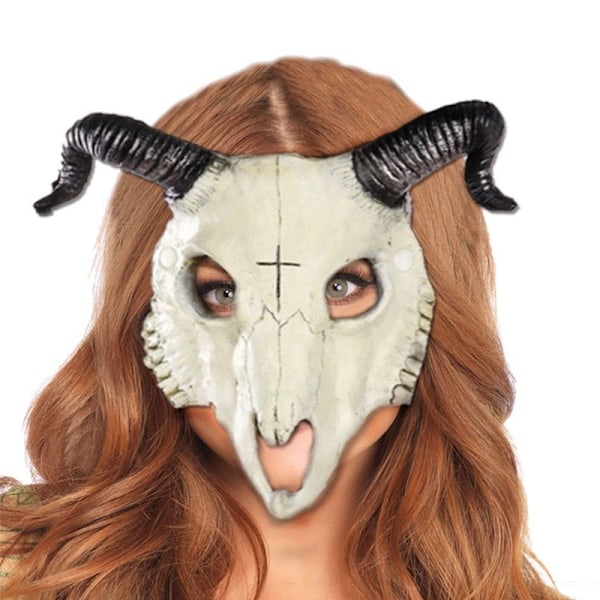 Halloween halv ansikte läskig djurmask, vit fårhorn spöke djävul grimas, påsk skräck huvudbonad fe