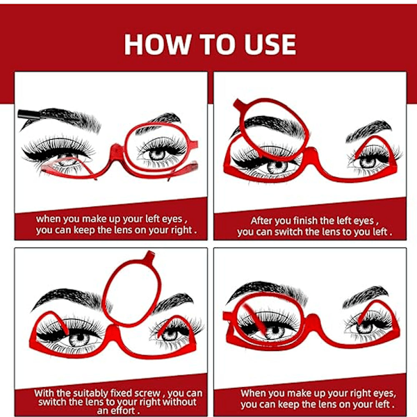 (Vinröd，+3.5)Förstorande sminkglasögon med fällbart enkelglas, roterbar hopfällbar designläsning