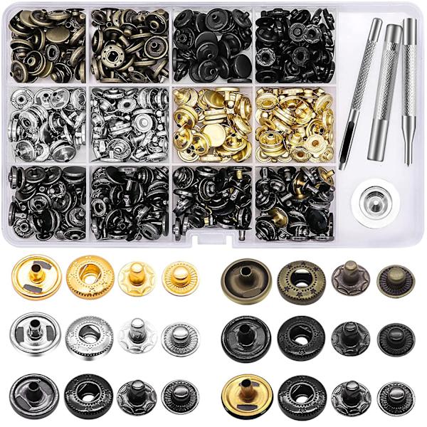120 sett skinn trykknapper sett, metallknapp trykknapper trykknapp