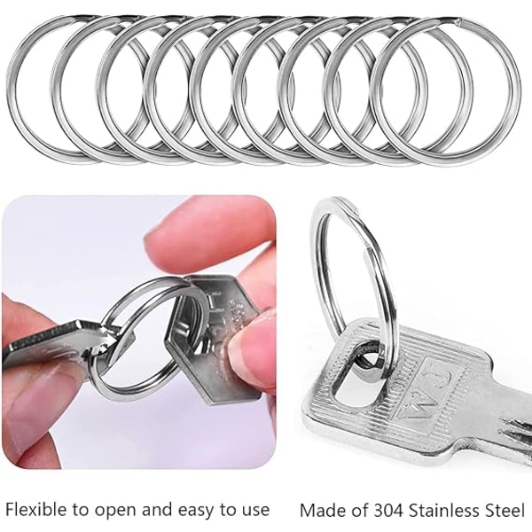 100 stk Nøkkelringer i Rustfritt Stål, 25mm Nøkkelringer, Flate Nøkkelringer, Passer til Alle Typer Nøkler, DIY, Håndverk (Rustfritt U