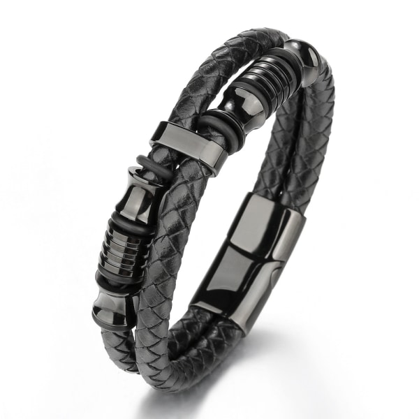 Mäns svart läderarmband - Svart rostfritt stål Magnetisk Clo