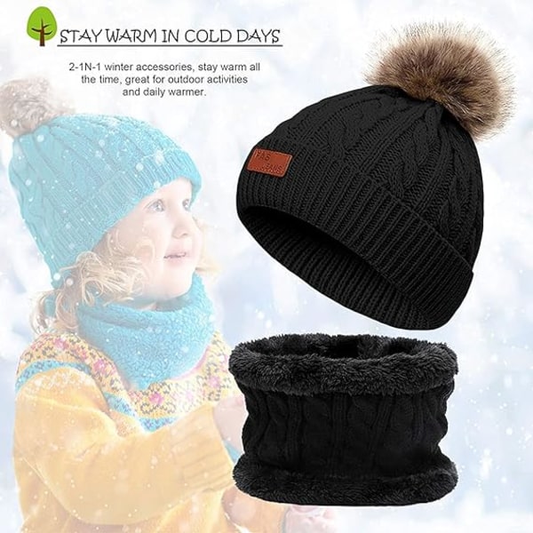 Svart vintermössa för barn med pompom för att hålla pojkar och flickor varma