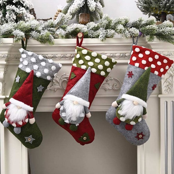 Julstrumpor att hänga 3-pack Eldstadsprydnad, Julstrumpor Tomte Rensa Snögubbe Tyg Presentpåse, Chris