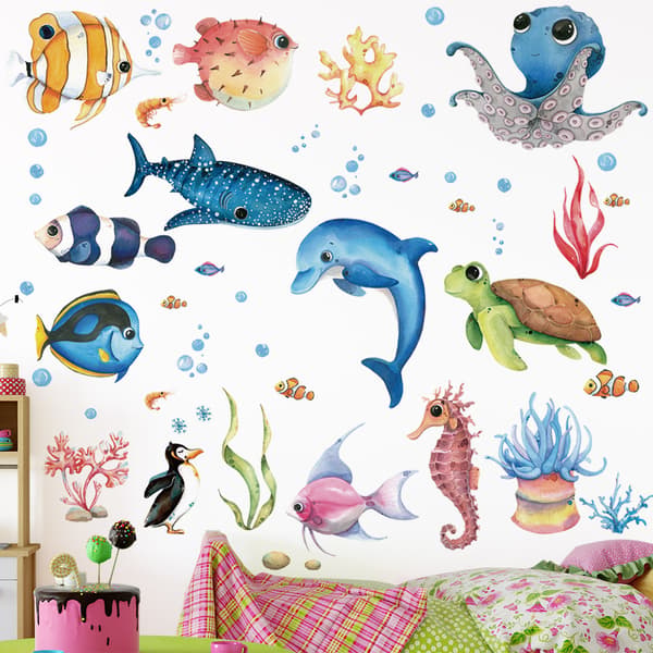 30x90cm 2 kpl Seinätarroja Meren Alla Seinätarra Trooppinen Kala Meduusa Valtameri Seinäkoriste Makuuhuone Lapsi