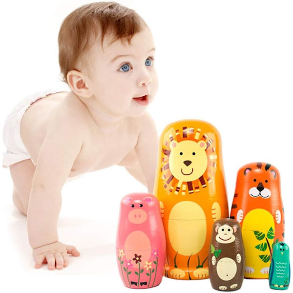 Trä Nesting Dolls, Änglar Mönster, Ryska Matryoshka Staplingsdockor, Barnleksak, Present Dekoration (Djur) M