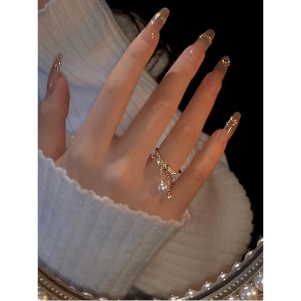 Dangle Pearl Cross Open Statement Ring til kvinder og piger 14K guldbelagt kubisk zirkonia justerbar lag